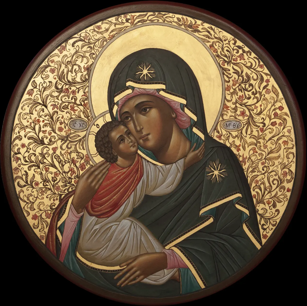Madonna della Tenerezza — Tavola tonda, fondo oro decorato.