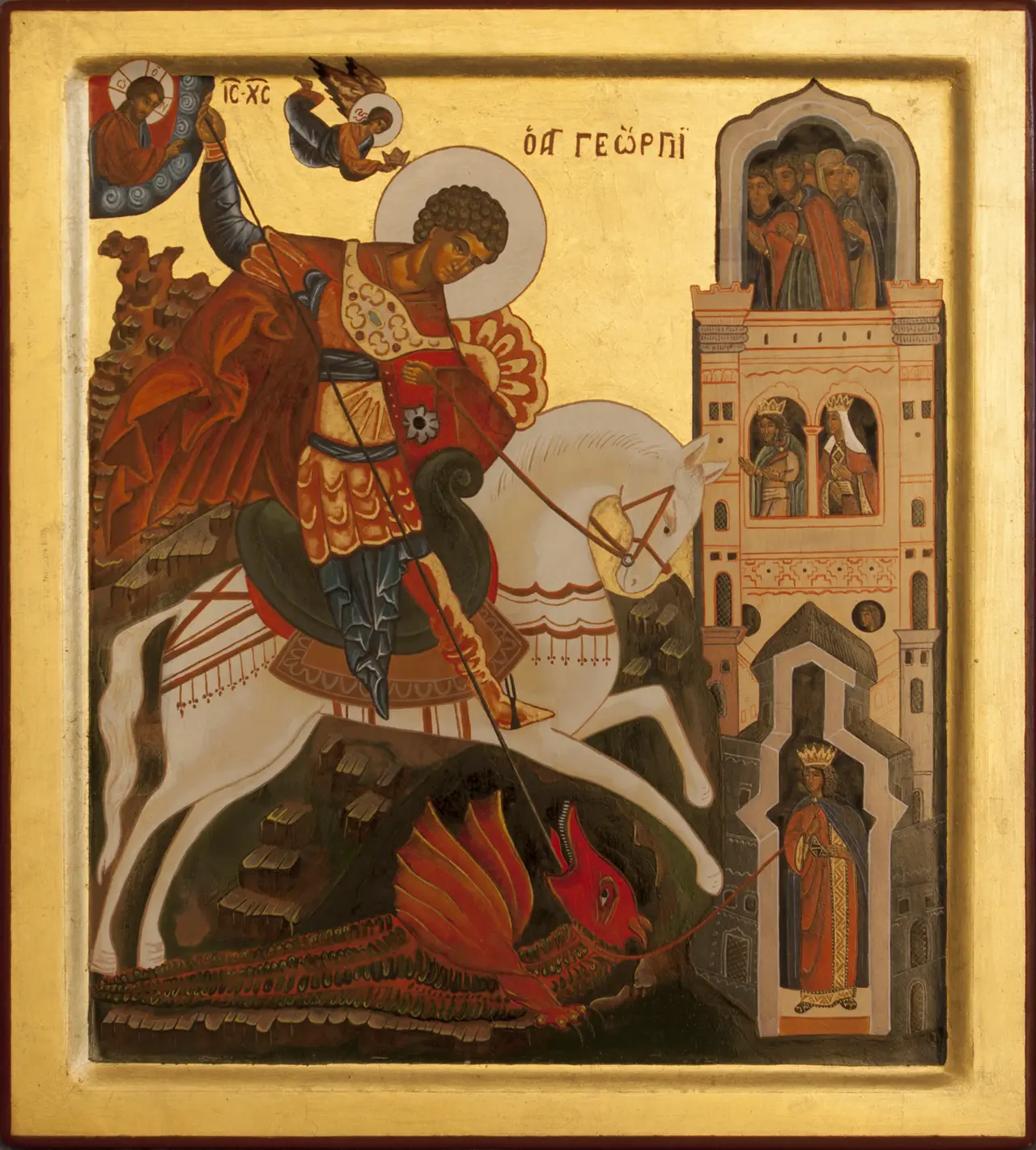 Icona di San Giorgio e il drago dipinta a mano su fondo oro