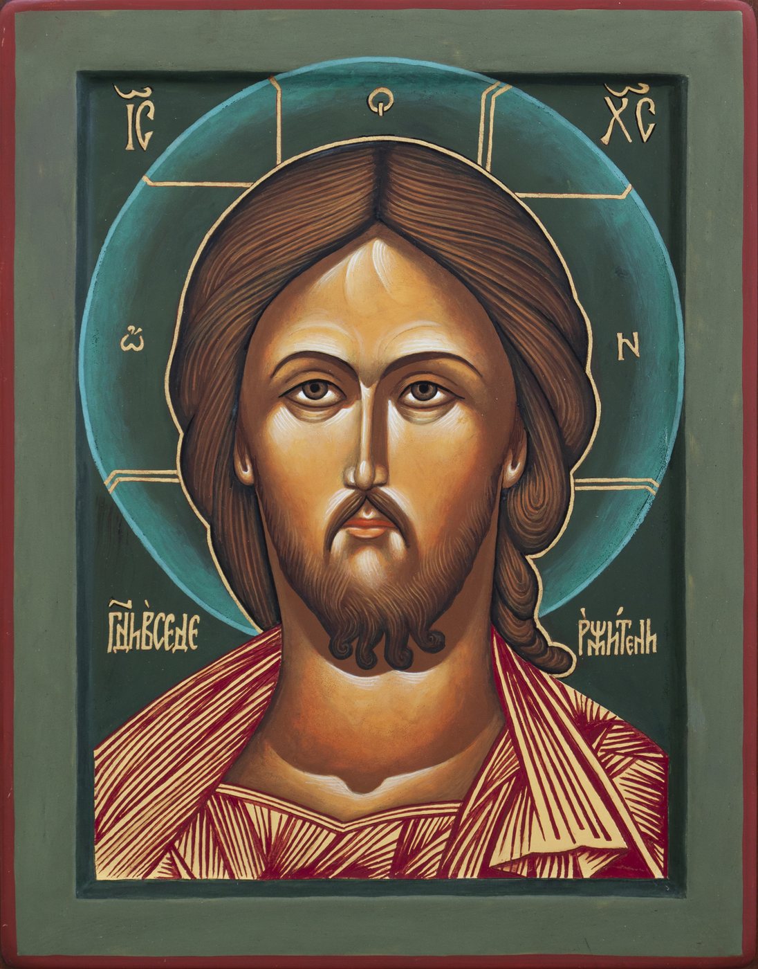 Saviour of the Fiery Eye, turquoise halo — Cruciform nimbus with Ο ΩΝ on a dark green ground.