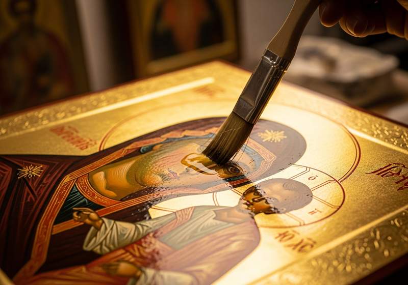 Applying the final olifa varnish to a gilded icon