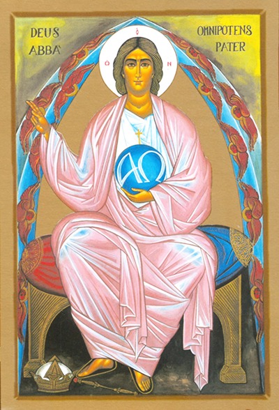 Lia Galdiolo's icon of the Father: the Father seated on a bench with red and blue cushions, the right hand blessing, the blue sphere with alpha and omega, twelve seraphim, crown and sceptre on the ground; Latin inscriptions DEUS ABBA OMNIPOTENS PATER and Greek Ὁ ὬΝ