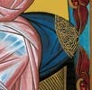 Detail of Lia Galdiolo's icon of the Father: the bench with the cushions