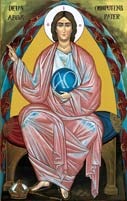 Detail of Lia Galdiolo's icon of the Father: the whole figure with the mandorla and the twelve seraphim