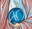 Detail of Lia Galdiolo's icon of the Father: the blue sphere with alpha and omega and the golden cross