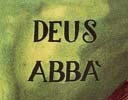 Detail of Lia Galdiolo's icon of the Father: the inscription DEUS ABBA