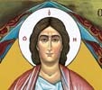 Detail of Lia Galdiolo's icon of the Father: the beardless face and the halo with Ὁ ὬΝ