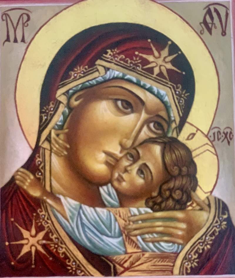 Madre di Dio della Tenerezza su fondo d'oro in foglia