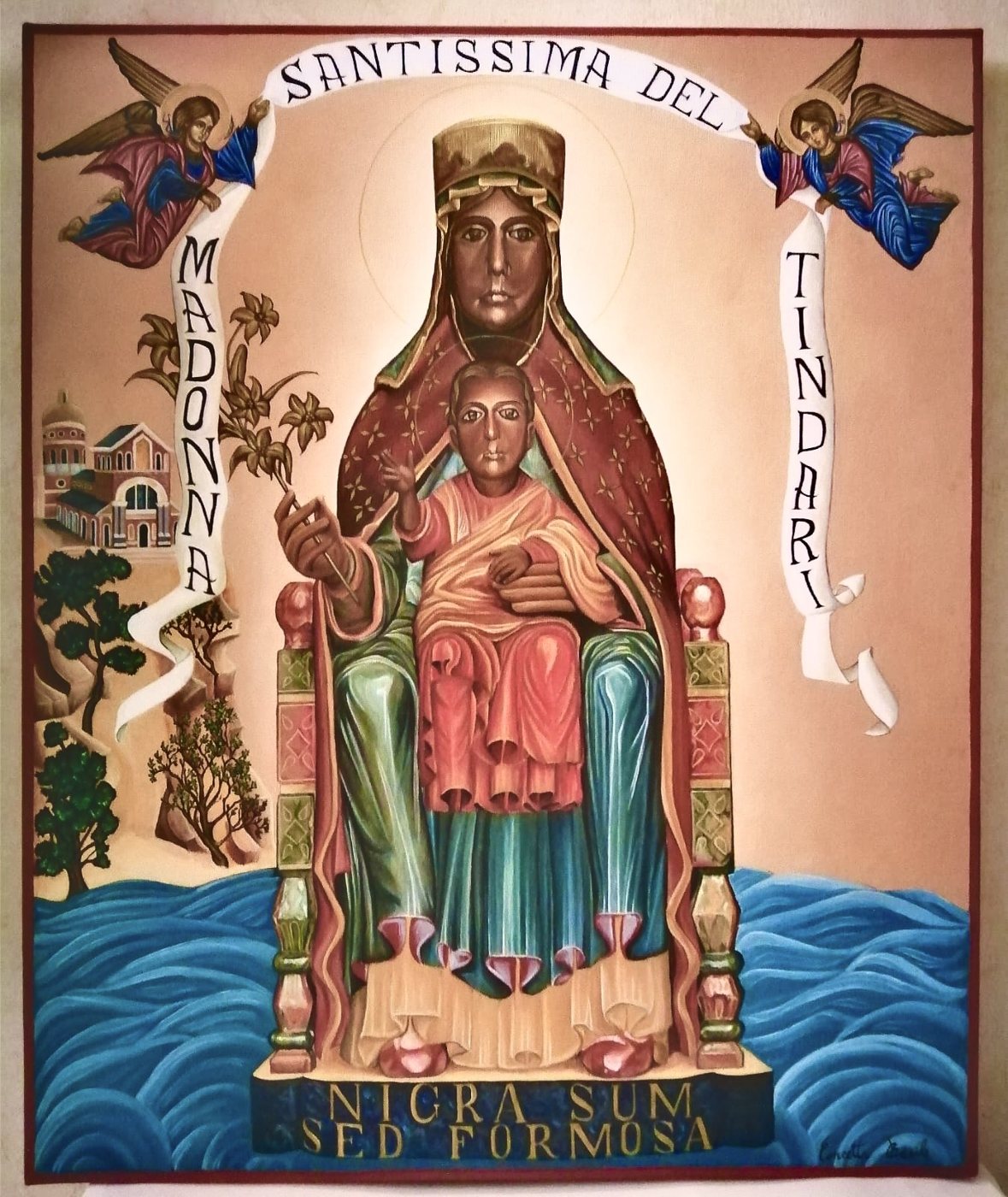 Icon of Our Lady of Tindari hand-painted by Concetta Basile: the Dark Virgin enthroned with the Child, the sanctuary on the headland and the sea