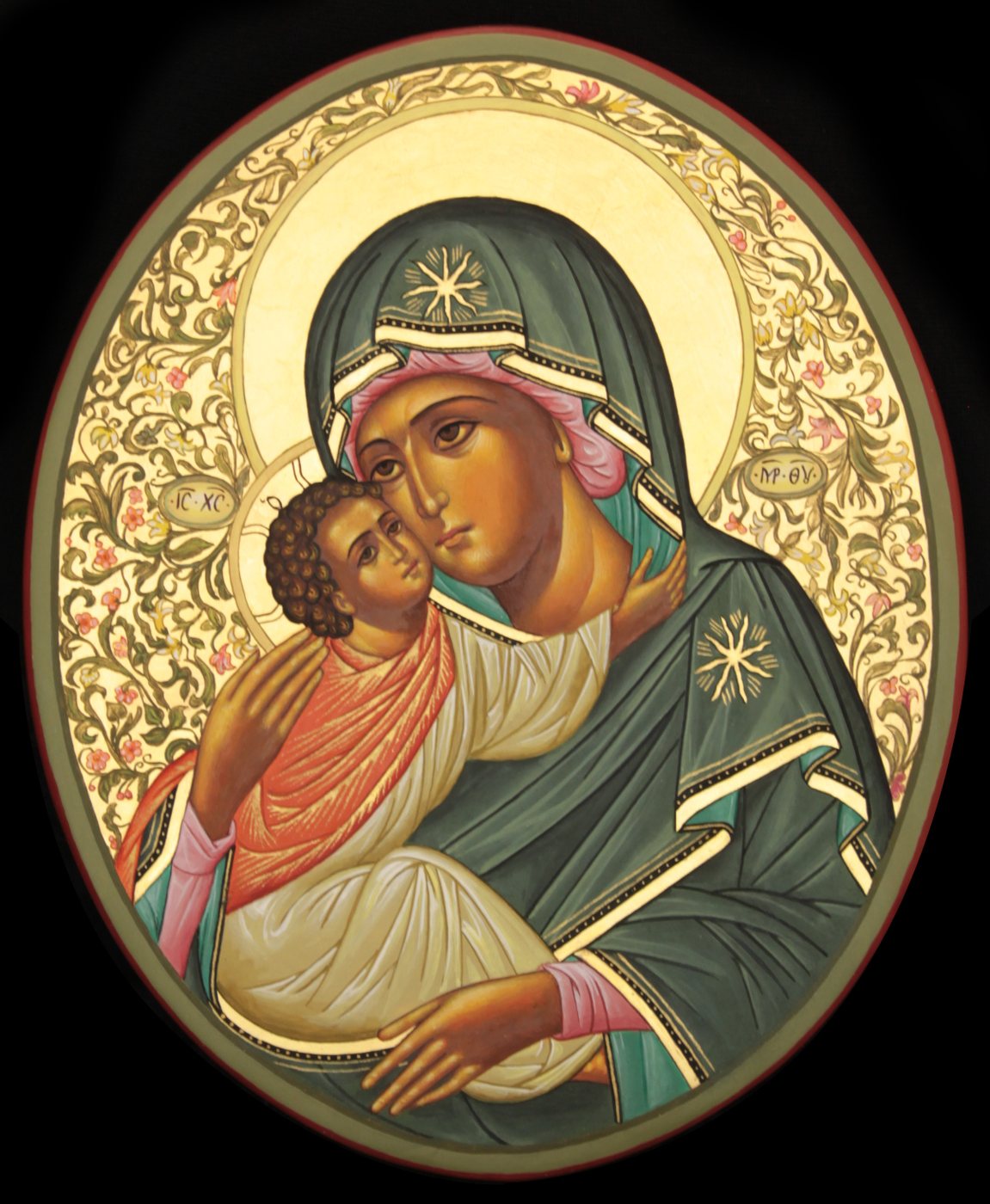 Madonna della Tenerezza, ovale — Tavola ovale, tralci fioriti nel fondo oro.