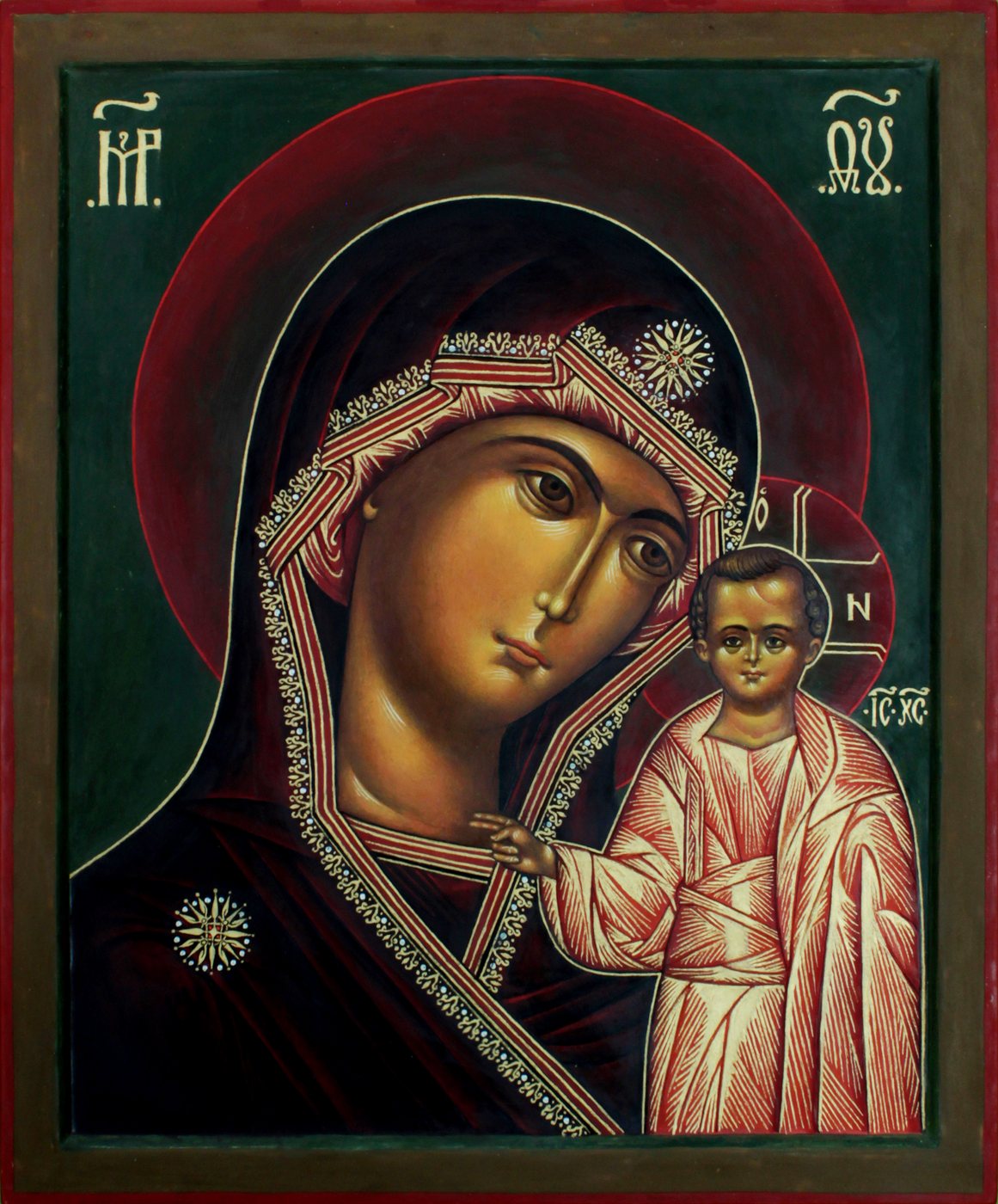 Icon of Our Lady of Kazan hand-painted by Concetta Basile, with MP ΘY and IC XC monograms