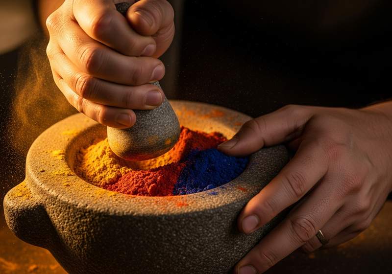 Pigmenti naturali macinati a mano nel mortaio per la tempera all'uovo