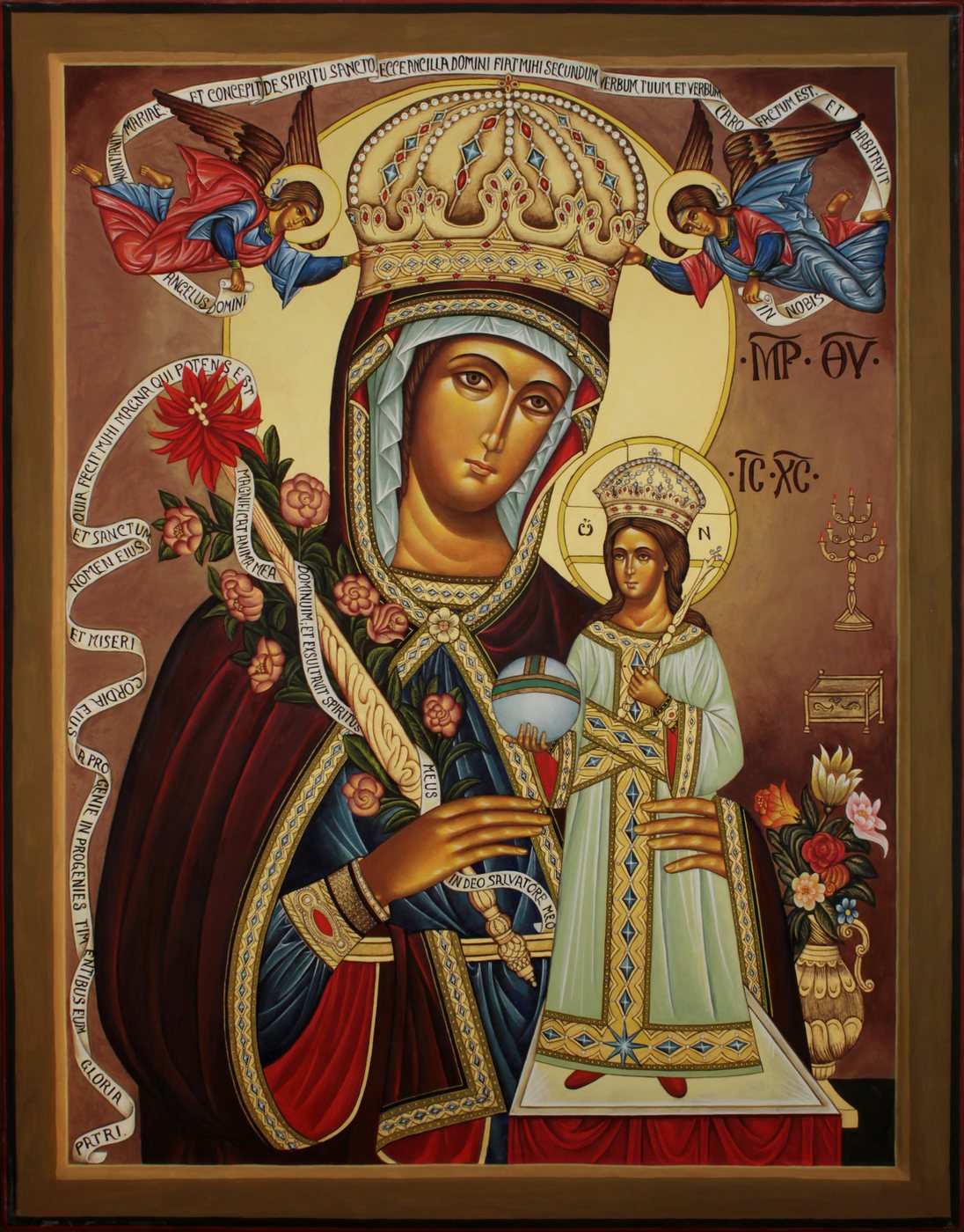 Regina della Vita — La Madre e il Figlio incoronati, angeli e cartigli latini.
