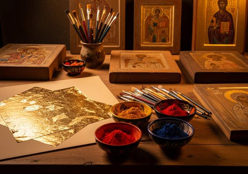 Iconographer's workbench with gold leaf, pigments and brushes