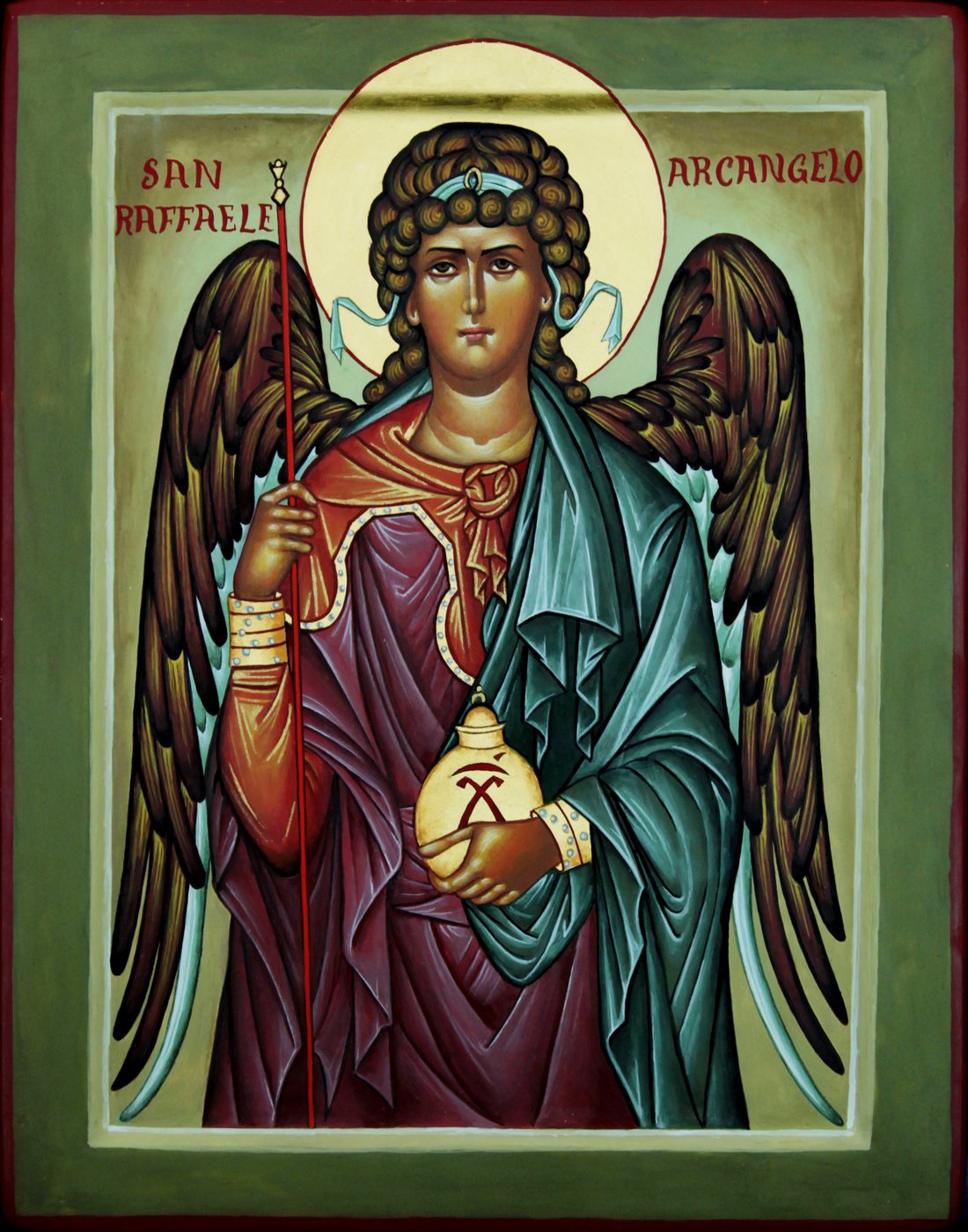 San Raffaele Arcangelo — Il bastone del pellegrino e il vasetto della medicina.