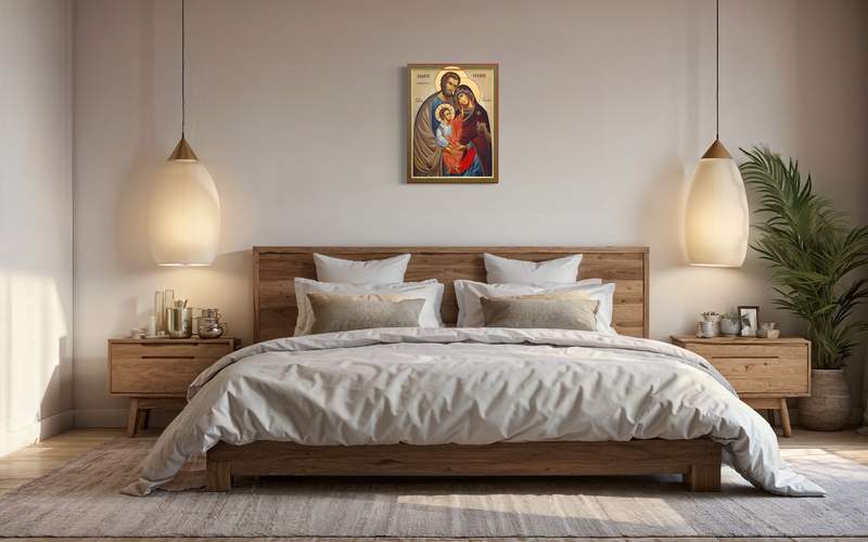 Holy Family icon above the bed in a bedroom