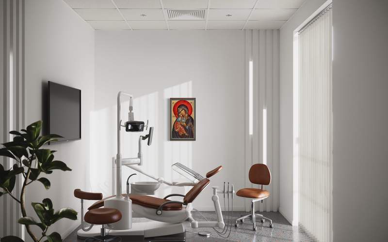 Icona della Madre di Dio in uno studio medico luminoso