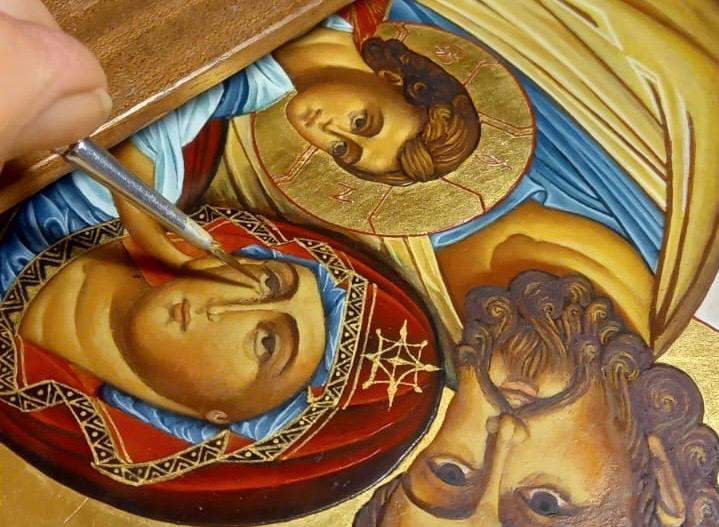 Detail of the face of the Mother of God painted in egg tempera
